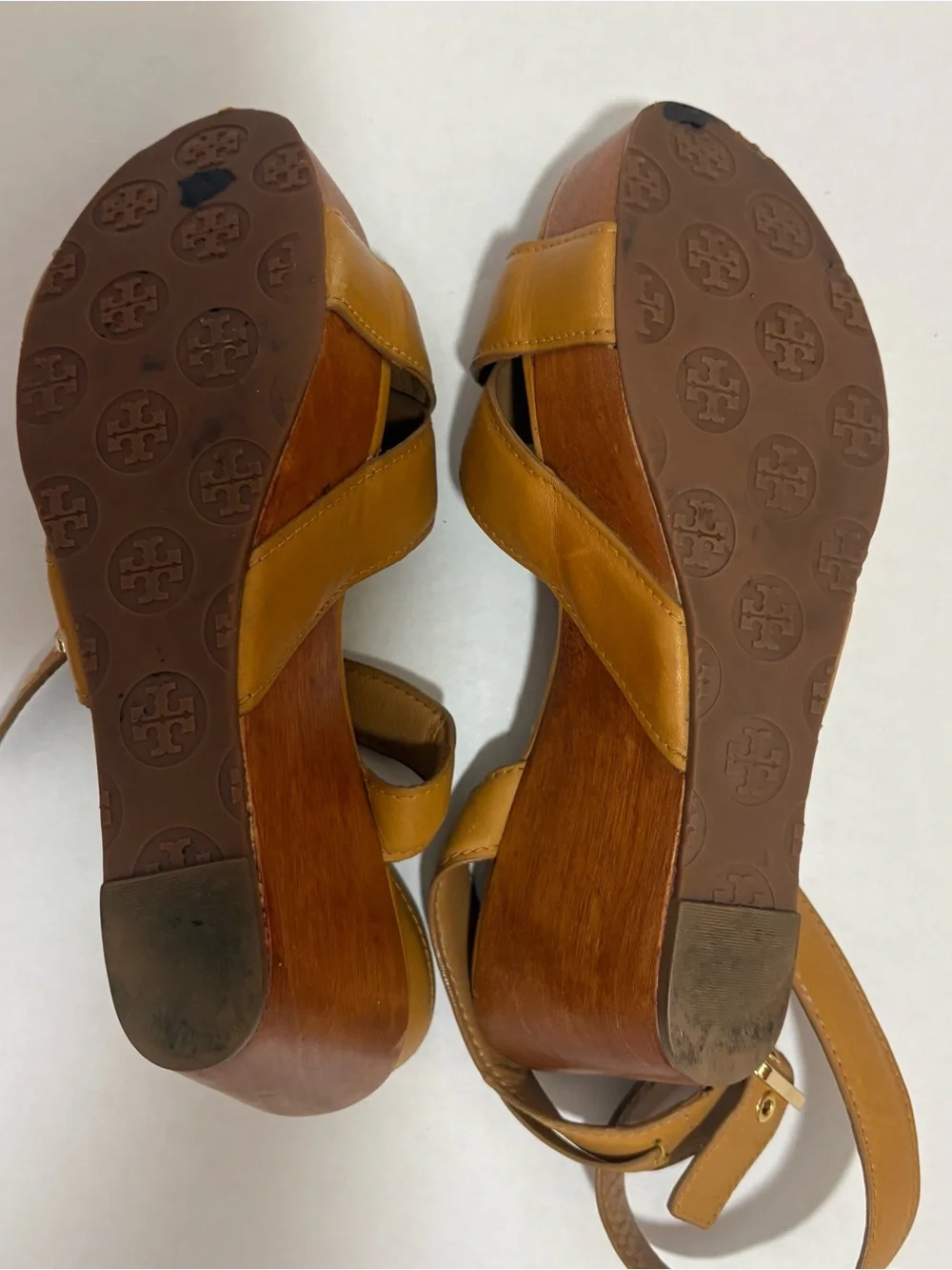 Tory Burch Almita Wood Platform Wedge Sandals Tan Leather Crisscross Sz 9 Resort